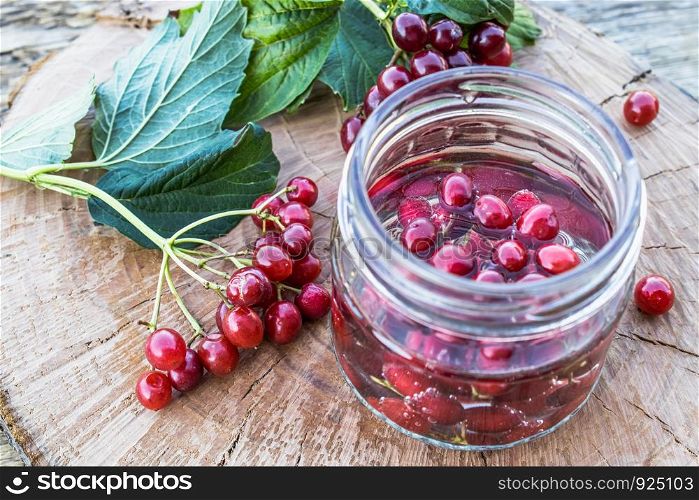 Jar with an elixir or tincture with viburnum berries on a wooden background, a red twig of viburnum in the background. Phytotherapy.. Jar with an elixir or tincture with viburnum berries on a wooden background, a red twig of viburnum in the background.