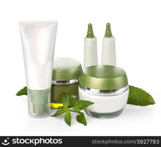 Jars of cream with green leaves isolated on white. with clipping path
