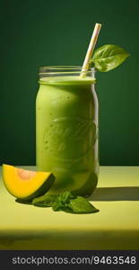 Jars of healthy green smoothie with fresh spinach on grey wooden table, closeup . AI Generated. Jars of healthy green smoothie with fresh spinach on grey wooden table, closeup