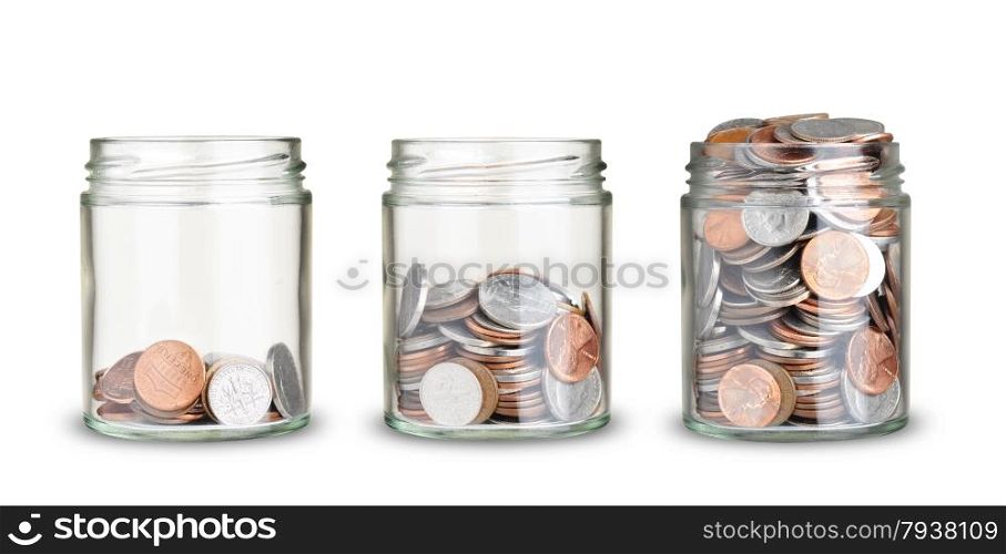 jars with different level of coins isolated on white