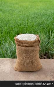 Jasmine Rice in burlap sack on wooden table with the rice field background