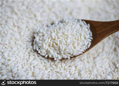 Jasmine white rice on wooden spoon in the the sack, harvest rice and food grains cooking concept
