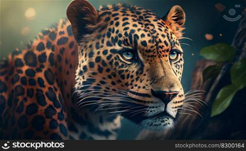 Javan leopard in rainforest close up. Generative ai illustration. . Javan leopard in rainforest close up. Generative ai. 