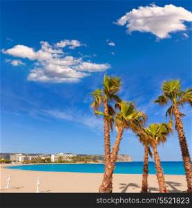 Javea playa del Arenal beach in Mediterranean Alicante at Xabia Spain palm trees