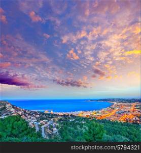 Javea Xabia aerial skyline sunset with port bay and village in Alicante Spain