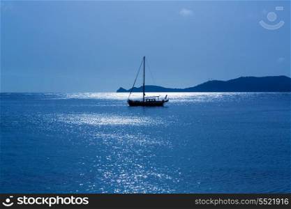 Javea Xabia morning light sailboat in Mediterranean Alicante at Spain