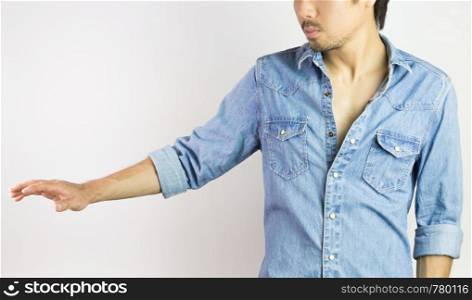 Jeans Shirt or Denim Shirt Man Fashion Front View. Jeans shirt or denim shirt fashion for men on grey background