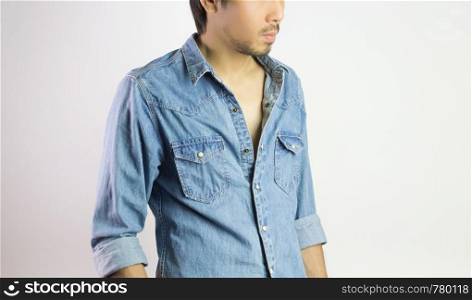 Jeans Shirt or Denim Shirt Man Fashion in 45 degree View. Jeans shirt or denim shirt fashion for men on grey background