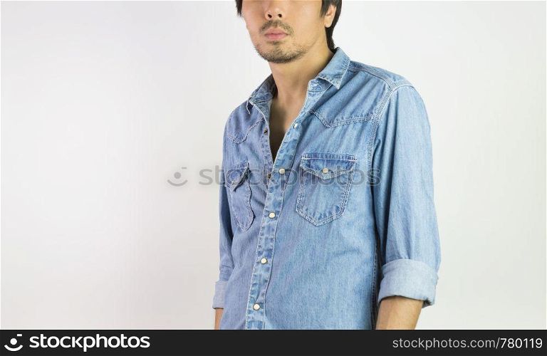 Jeans Shirt or Denim Shirt Man Fashion. Jeans shirt or denim shirt fashion for men on grey background