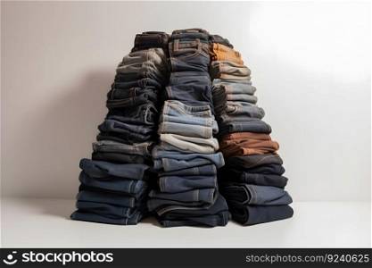 Jeans trousers stack on white background. Neural network AI generated art. Jeans trousers stack on white background. Neural network AI generated