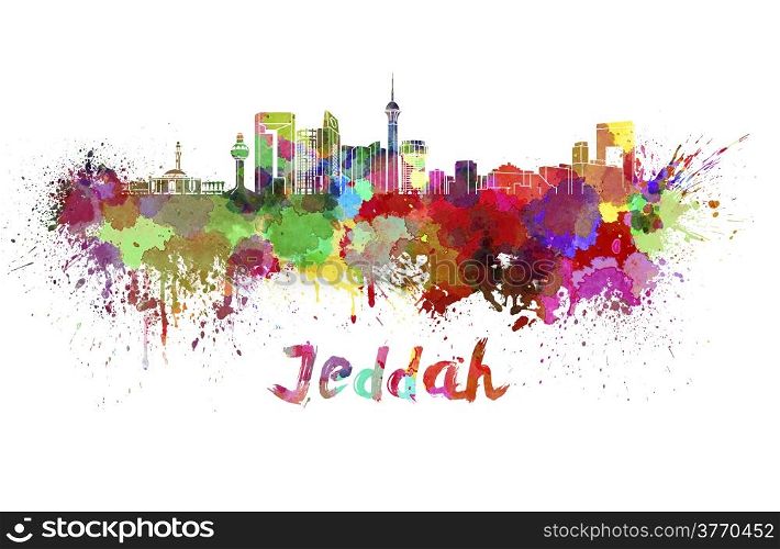 Jeddah skyline in watercolor splatters with clipping path. Jeddah skyline in watercolor