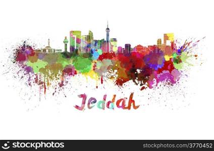 Jeddah skyline in watercolor splatters with clipping path. Jeddah skyline in watercolor