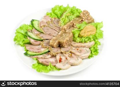 jellied minced meat and meat cuts on green salad
