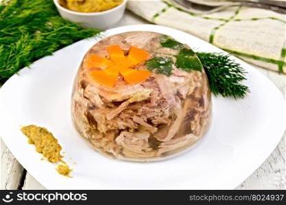 Jellied pork and beef, decorated with a flower from carrots and parsley on a plate with mustard and dill, towel on a background of wooden boards