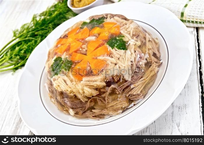 Jellied pork and beef with carrots and parsley on a plate, tea towel, garlic and dill on the background light wooden boards