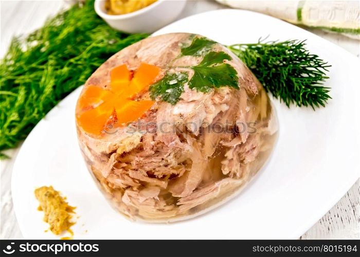 Jellied pork and beef with carrots and parsley on a plate with mustard and dill, a towel on the background light wooden boards