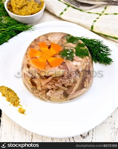 Jellied pork and beef with carrots and parsley on a plate with mustard and dill, towel on a background of wooden boards