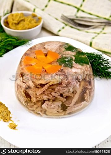 Jellied pork meat and beef, decorated with a flower from carrots and parsley on a plate with mustard and dill, a towel on the background light wooden boards