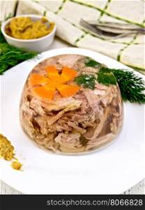 Jellied pork meat and beef, decorated with a flower from carrots and parsley on a plate with mustard and dill, a towel on the background light wooden boards
