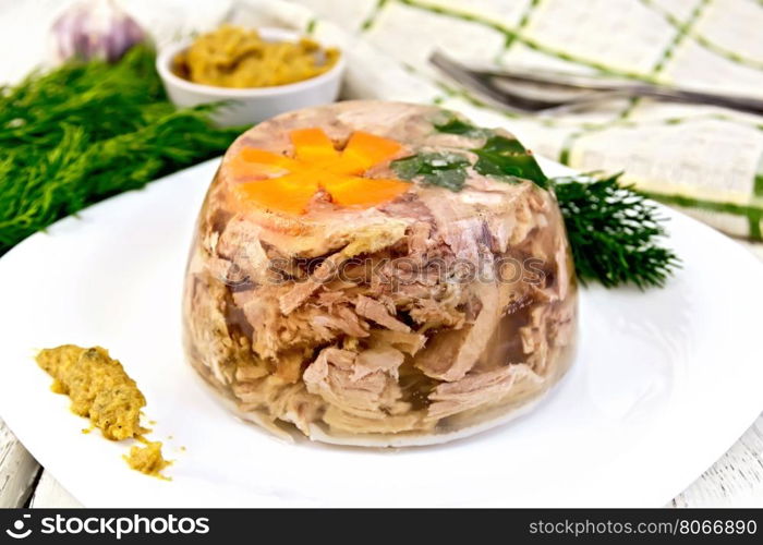 Jellied pork meat and beef, decorated with a flower from carrots and parsley on a plate with mustard and dill, dish towel on the background light wooden boards