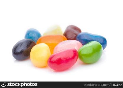 Jelly beans sweet colorful candies on white background