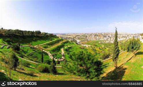 Jerusalem, Israel-March 12, 2017: Panoramic view of Jerusalem in Israel from the Mount of Olives.