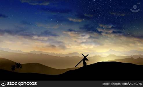 Jesus Christ ascending the hill with the cross behind him. Easter, resurrection, Calvary, redemption concept. 