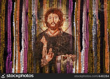 Jesus Christ image on bright vivid colourful yellow orange fabric texture background - Modren Jesus Christ religion artistic image