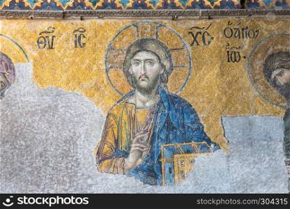 Jesus Christ Pantocrator,Detail from deesis Byzantine mosaic in Hagia Sophia in Istanbul, Turkey,March,11 2017.. Jesus Christ Pantocrator,Detail from deesis Byzantine mosaic in Hagia Sophia