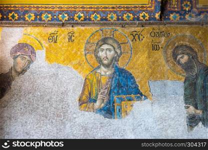 Jesus Christ Pantocrator,Detail from deesis Byzantine mosaic in Hagia Sophia in Istanbul, Turkey,March,11 2017.. Jesus Christ Pantocrator,Detail from deesis Byzantine mosaic in Hagia Sophia