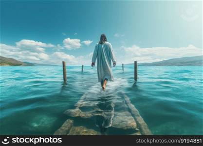 Jesus christ walking water heaven. Holy walking. Generate Ai. Jesus christ walking water heaven. Generate Ai