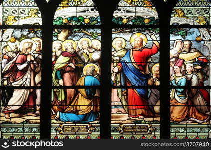 Jesus gives Peter the keys to the Kingdom, stained glass, Saint Severin church, Paris, France
