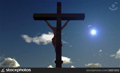 Jesus on Cross, camera fly, timelapse sunrise, night to day