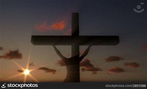 Jesus on Cross, close up, timelapse clouds at sunset