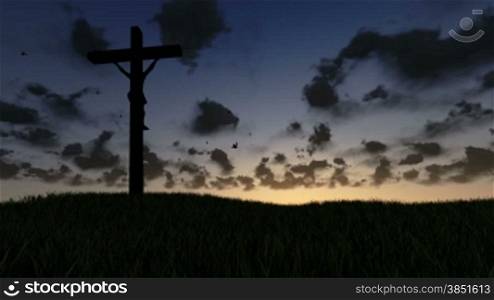 Jesus on Cross, meadow and timelapse sunrise, night to day