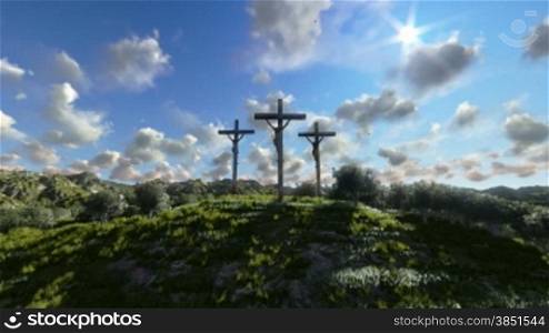 Jesus on Cross, meadow with olives and time lapse clouds
