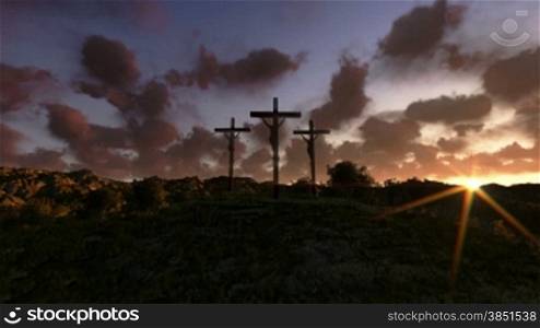 Jesus on Cross, meadow with olives, time lapse sunrise