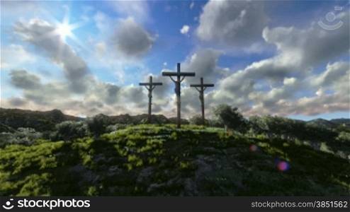 Jesus on Cross, meadow with olives, time lapse sunset
