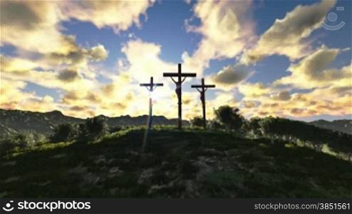 Jesus on Cross, meadow with olives, timelapse sunrise night to day
