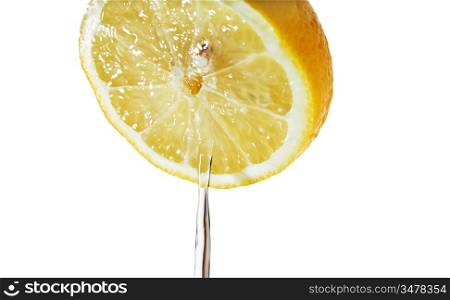 jet juice iflowing from lemon isolated on white