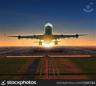 jet plane taking off from airport runway for traveling and logistic theme