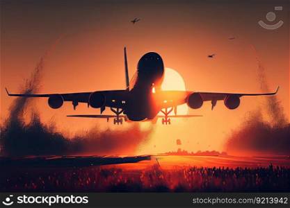 jetliner taking off into sunrise, with sun shining on its wings and engines, created with generative ai. jetliner taking off into sunrise, with sun shining on its wings and engines