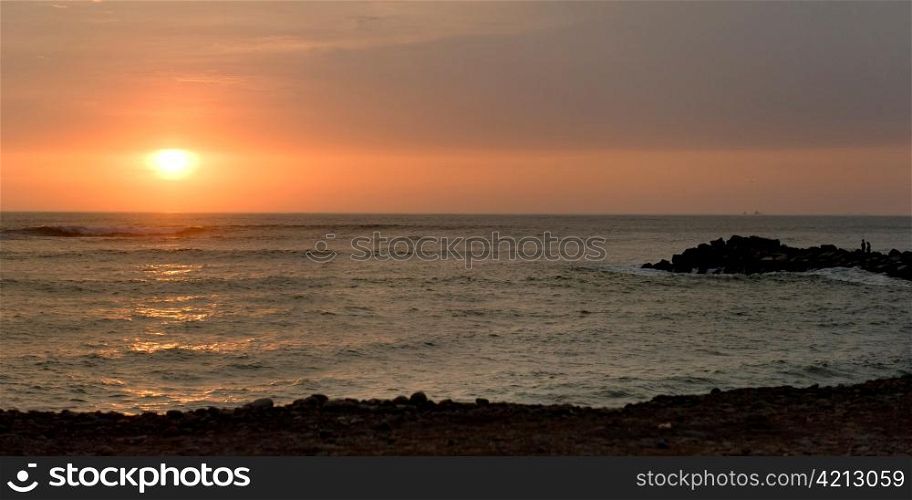 Jetty at the ocean at sunset, Miraflores District, Lima Province, Peru