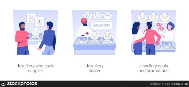 Jewellery business isolated concept vector illustration set. Jewellery wholesale supplier, dealer shop, deals and promotions, choosing diamond rings and necklace, precious metals vector cartoon.. Jewellery business isolated concept vector illustrations.
