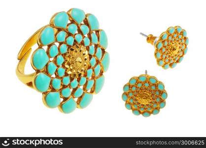 Jewellery, yellow ring and earrings with blue floral ornament