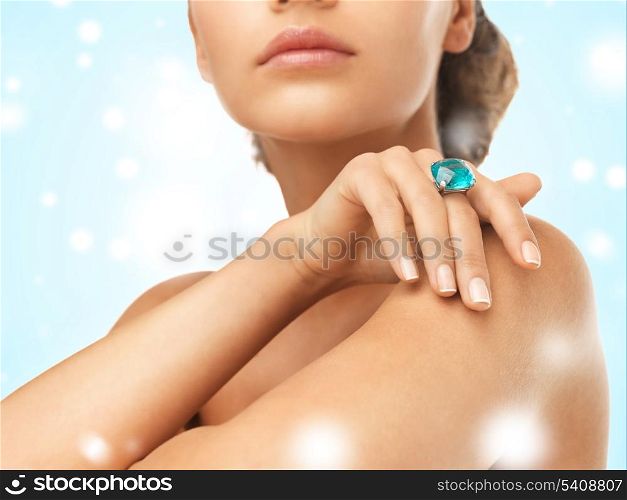 jewelry, luxury, bridal concept - beautiful woman with cocktail ring