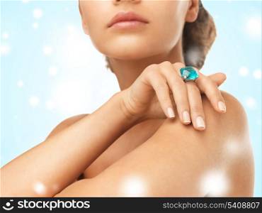 jewelry, luxury, bridal concept - beautiful woman with cocktail ring
