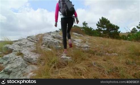 JIB CRANE: Woman hiker reached high point mountain plateau raising hands on edge of cliff, yayla Ai-Petri, Crimea