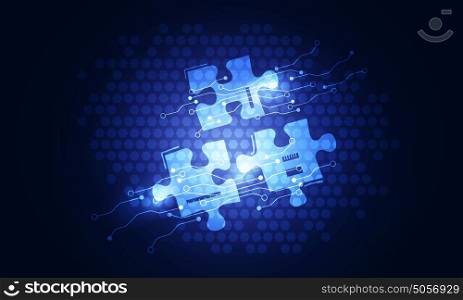 Jigsaw interface application. Puzzle glowing icon on dark technology background