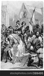 Joan of Arc and Charles VII in Reims, vintage engraved illustration.